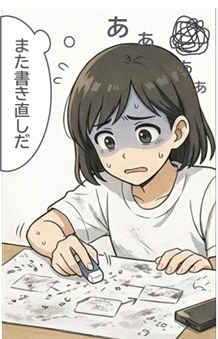 手書きの関連図で配置や矢印の修正が必要になり『また書き直しだ』と焦る看護学生を描いたリード漫画。関連図作成で時間が溶ける悩みを示し、付箋式の書き方へ導く導入部分。