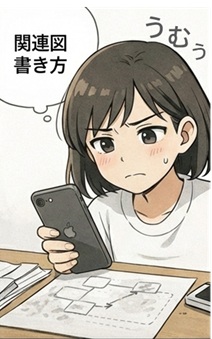 看護実習の関連図の書き方に悩み、手書き関連図を前に考えこみ、スマホで「関連図の書き方」を検索する看護学生を描いたリード漫画。関連図作成のつまずきに共感し、付箋テンプレで解決できる導入部分