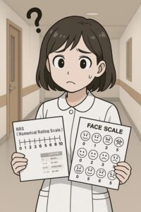 ＮＲＳとフェイススケールを持って使い方が分からず困っている看護学生の画像｜実習での個別性の活用法