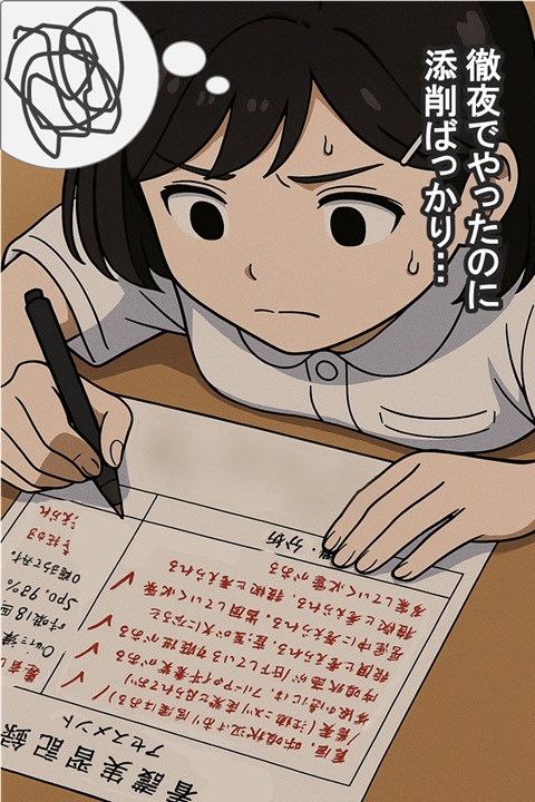 実習中に徹夜で書いた記録が添削ばかりで悩む看護学生の心理を描き、共感から本文への関心を高めるリード漫画の導入部分。
