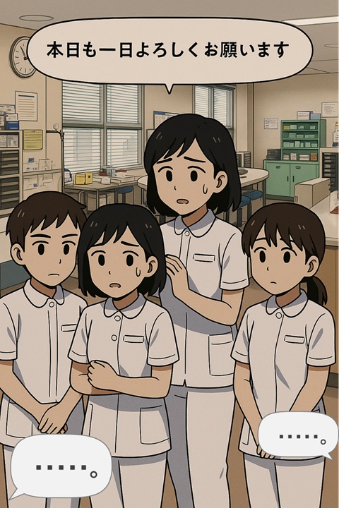 実習中に挨拶をしても無視されて、不安になっている看護学生の心理を描き、共感から本文への関心を高めるリード漫画の導入部分。