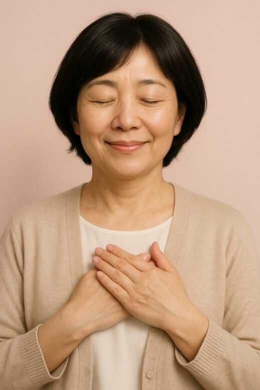 胸に手を当てて幸せそうな顔でほほ笑む中年女性