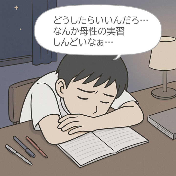 母性の実習中が上手くいかずに、夜中に自分の家の机の前で辛い気持ちになっている男子看護学生の画像【現役看護師・指導教員が教える】男子看護学生が母性看護学実習で満点評価を取る方法