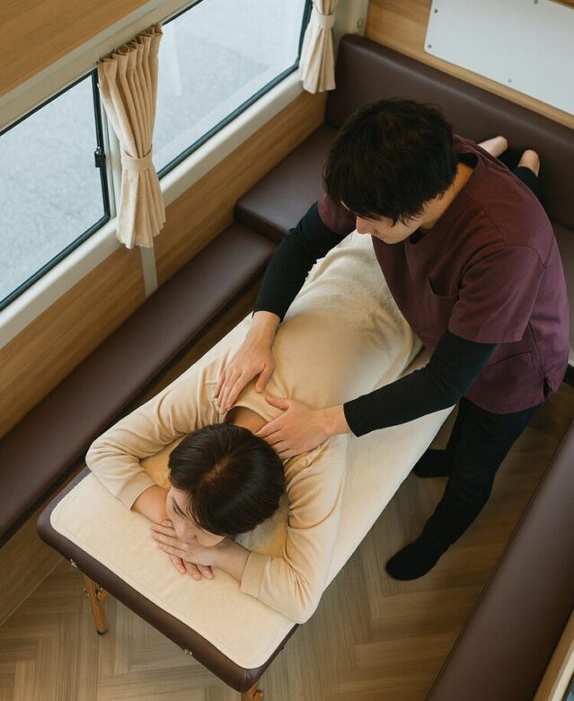 SoRaサロンカー車内で着衣のまま受けるリラクゼーション(ボディケア・ヘッド・ハンド)