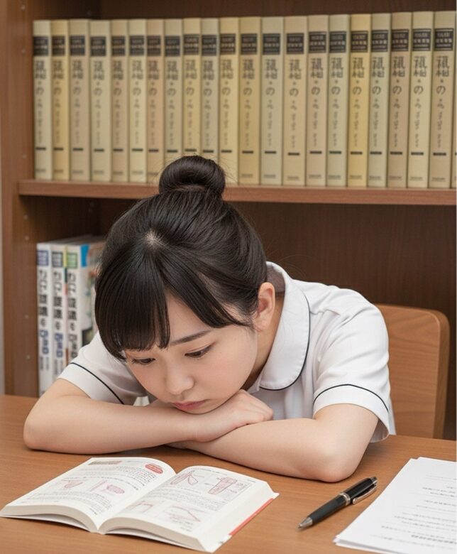 勉強が上手くいかずに悩む看護学生のイラスト