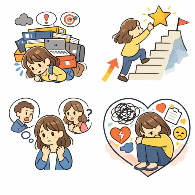 ①必要以上に物事を抱え込みすぎている、②高い基準を作り頂上に向かって階段を上っている、③相手の反応を気にし過ぎてしまう、④心の中はすぐにいっぱいになってしまいうずくまっている、４つのシーンを図解化したイラスト